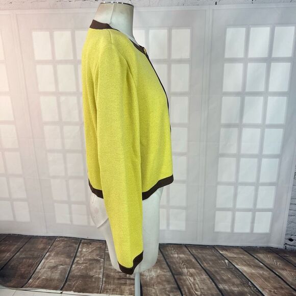 St John collection yellow knit brown trim cardigan size 12 - Picture 4 of 10